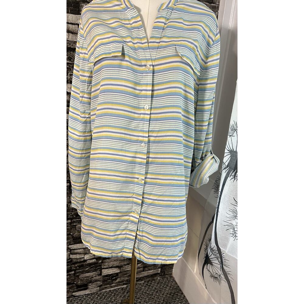 100% Silk Investments Tunic Top Button Up V-Neck Long Sleeve Blue Stripe Large